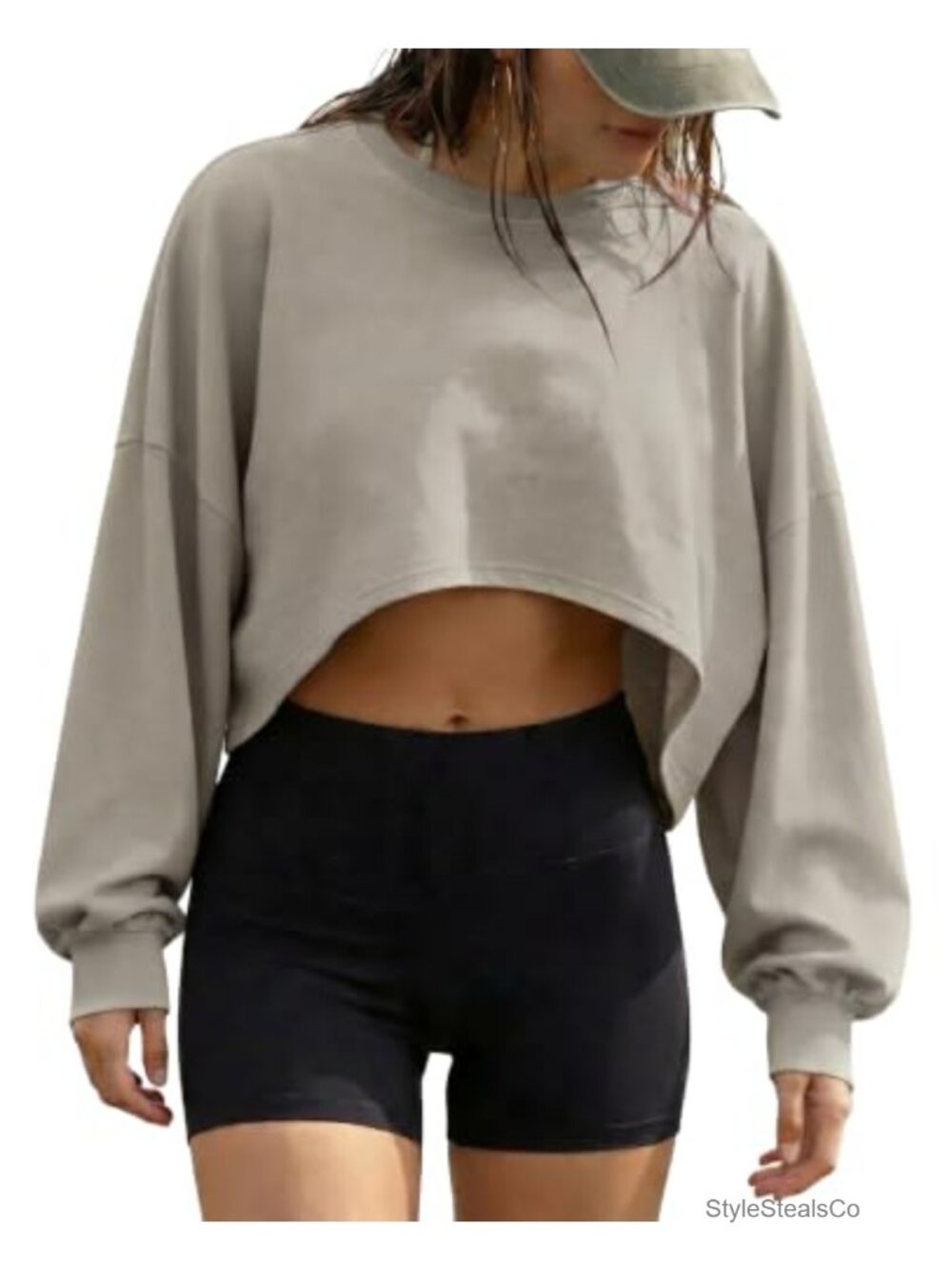 Women's Long Sleeve Cropped Athletic Top Lightweight Crewneck Drop Shoulder